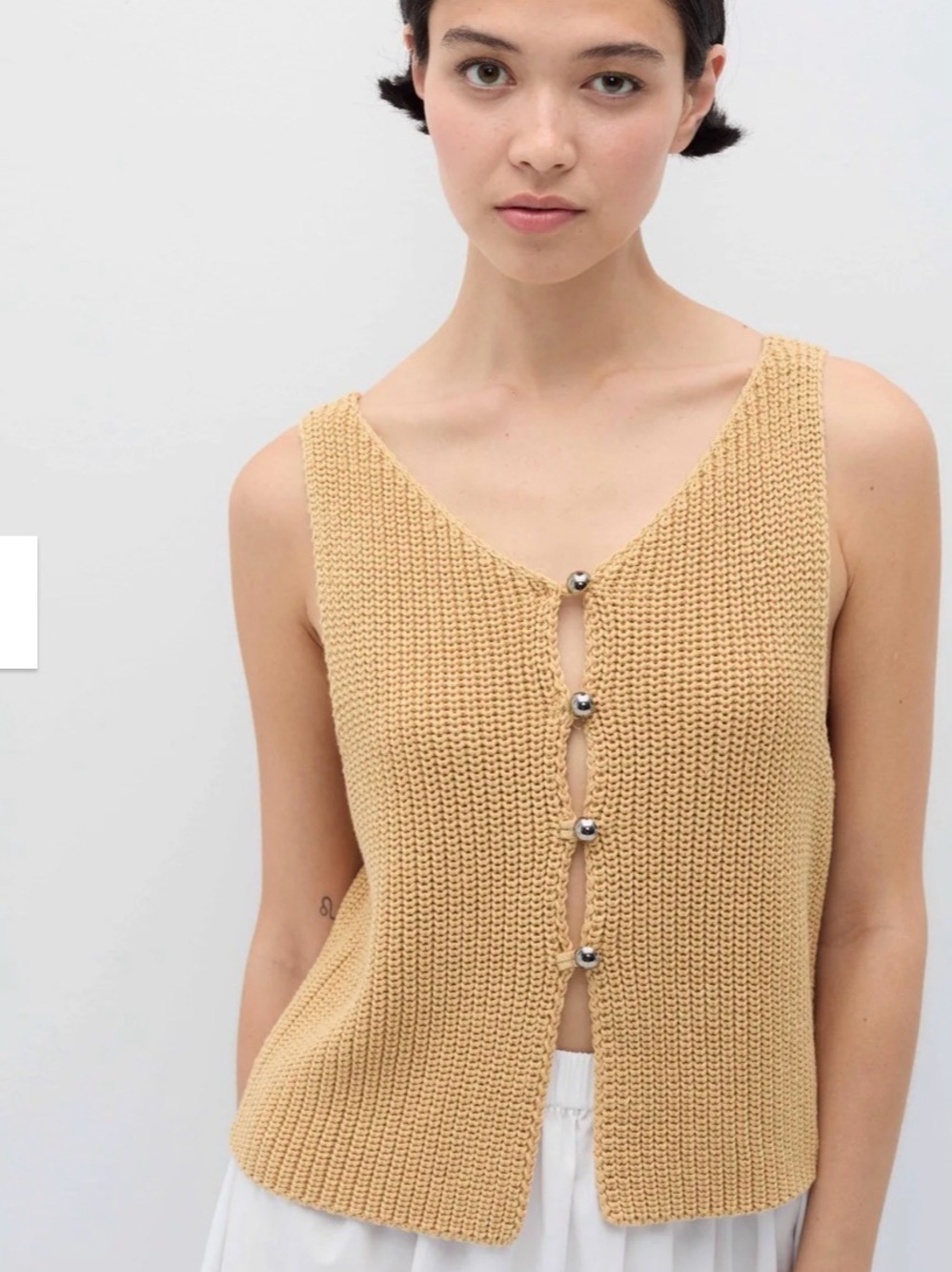 Rita Row Sleeveless Button-Front Knit Tank Top in Creamy Mustard